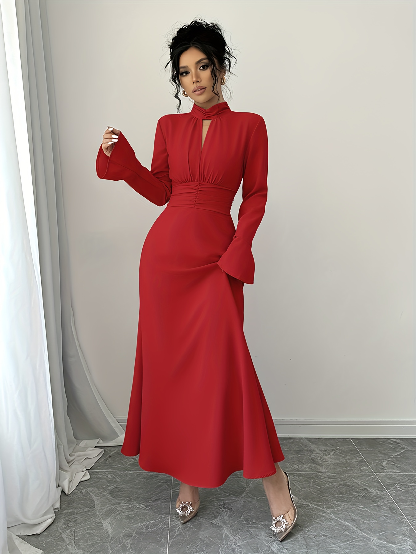 fashion solid color high waisted pleated dress long sleeves - Temu Cyprus