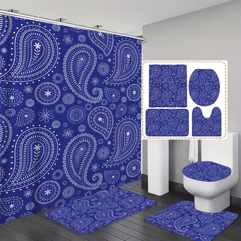 

1/3/4pcs Ethnic Boho Paisley Bathroom Set – Blue Cashew Floral Pattern Shower Curtain (70.8x70.8 Inches) With 3-piece Toilet Mat/rug Set – Stylish Bathroom Decor With Free Hooks Included