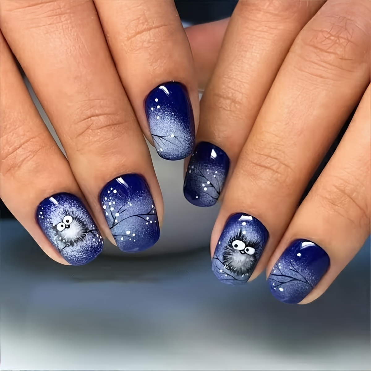 24pcs Short Square Press On Nails, Owl And Branch Pattern Fake Nails, With Jelly Glue And Nail File, Suitable For Women' Parties And Festivals