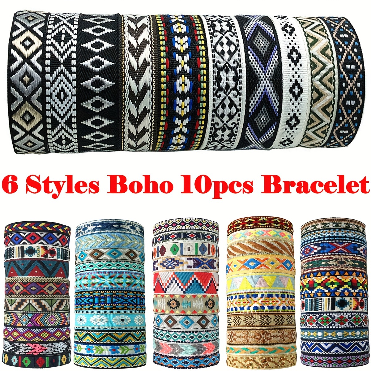 

10 Pcs Boho Ethnic Style Adjustable Bracelets: Perfect For Parties And Celebrations - Hand-woven, Washable, And Suitable For All Seasons