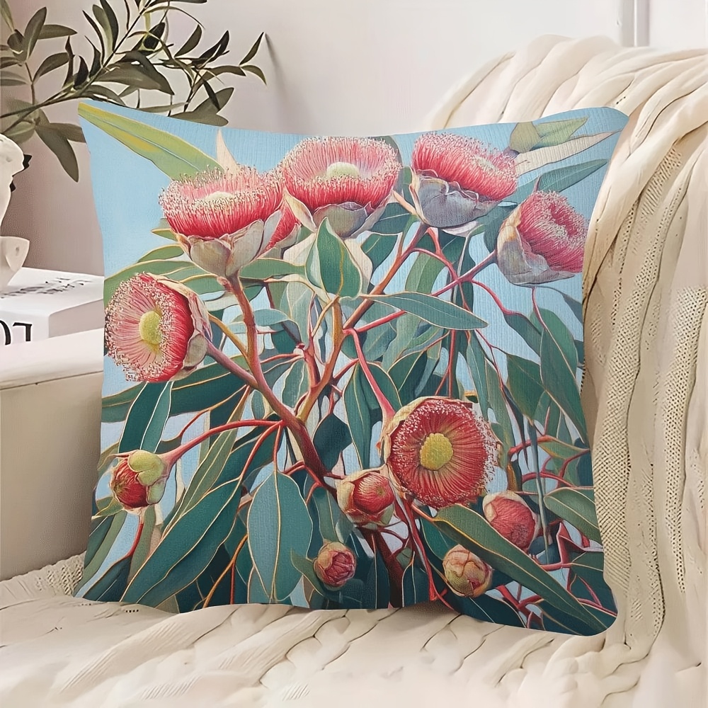 TEMU 1 Eucalyptus Gum Flower Australian Floral Decorative Cushion - Pink And Golden Gum Flowers With Green Leaves, Turquoise Blue-gray Background,