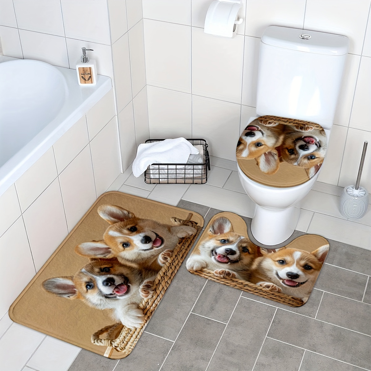 

Cute Corgi Dog Themed Bathroom Rug Set - 3 Piece Non-slip Washable Floor Set Includes Bath Mat, Contour Rug, And Toilet Lid Cover, Knit Polyester, Machine Made, Pet-