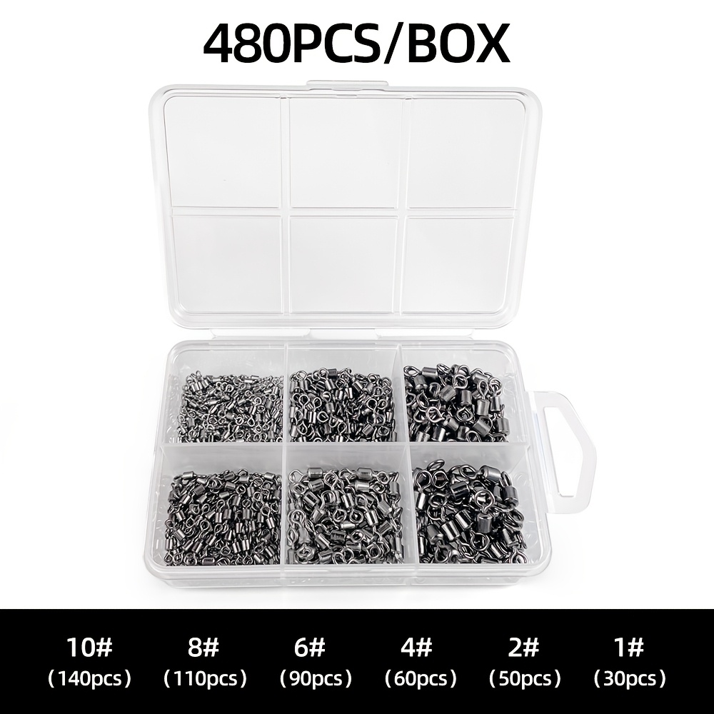 TEMU 480pcs/box Fishing Rolling Swivels 1# 2# 4# 6# 8# 10#, Smooth Connector Tackle Box, Suitable For Fishing