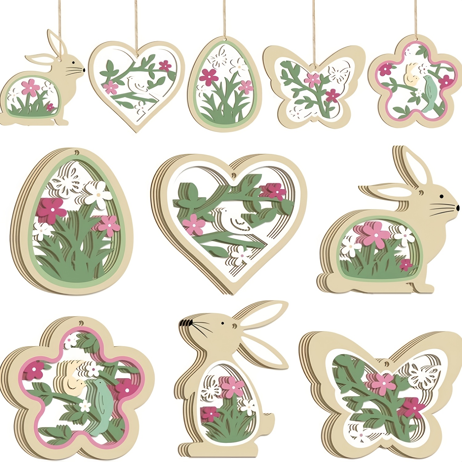 Image of 24pcs Hanging Decoration Set - Cute Rabbit Colorful Egg Ornaments - Easter Wooden Decorations With Jute Rope - Spring Decoration Pendants - Wooden Craft Hangings
