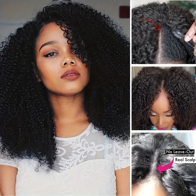TEMU Perruque à partie V en cheveux humains bouclés, perruque à partie U pour femmes, bouclée et colle, perruque à demi-pouces de place, couleur