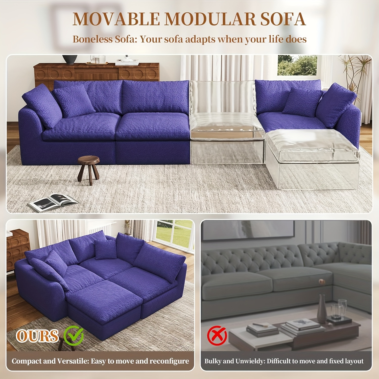 Modular Sectional Sofa with Movable Ottoman | No Assembly Required, Boneless Cloud Couch, Deep Seat L-Shaped, Suitable for Living Room, Bedroom, and Apartment
