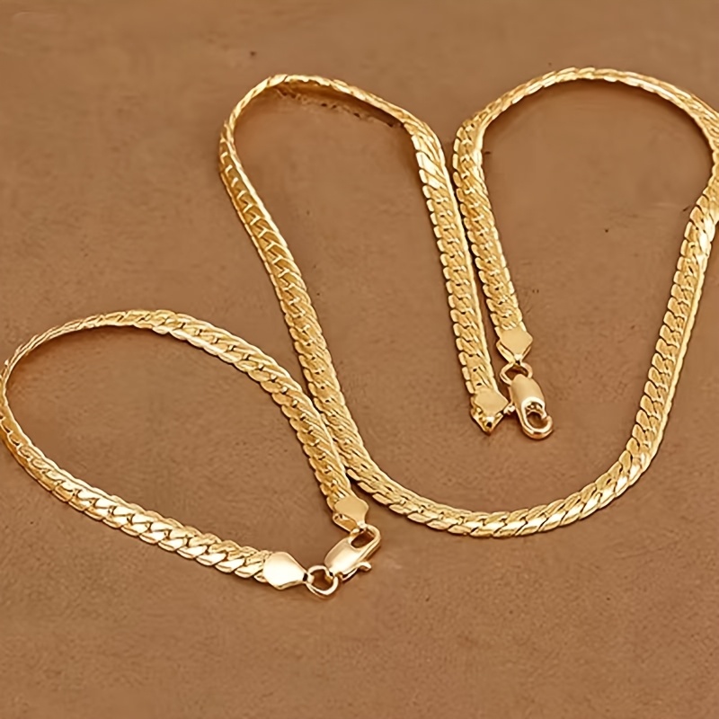 TEMU 2pcs 18k Gold Plated 5mm Flat Chevron Pattern Chain Bracelet Necklace Set 20cm Wrist Bracelet 50cm Neck Jewelry Necklace Unisex Easy Thin Snake