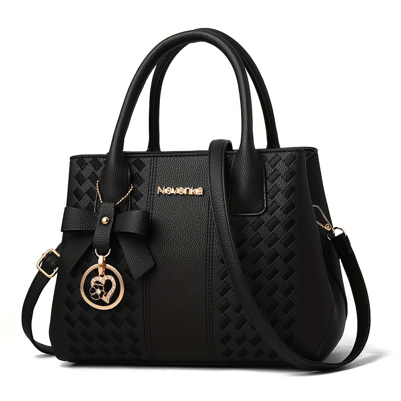

Women's Boston Handbag, Luxurious Textured Satchel, Retro Style Pu Leather Shoulder And Crossbody Bag With Pendant Detail