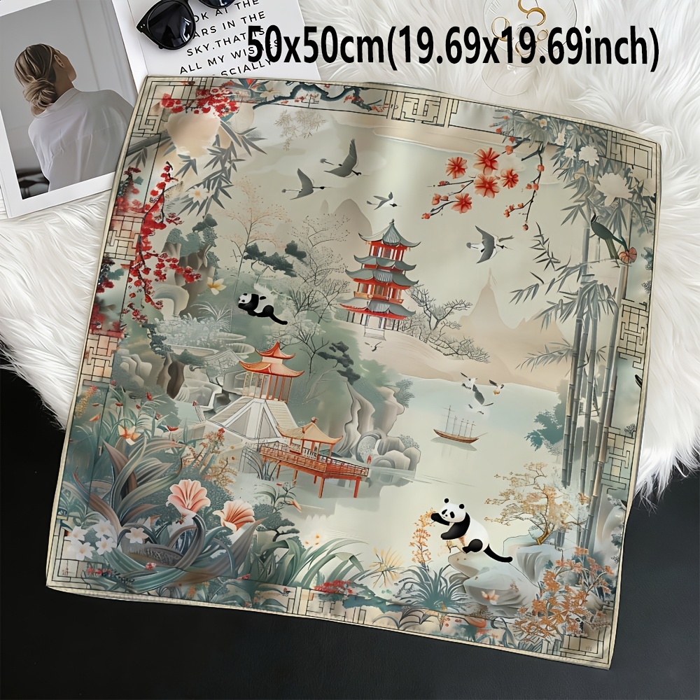 TEMU 1pc Fashionable Satin Women's Bandana, Retro Light Gray Elegant Landscape Floral Bird Pattern Scarf, Multi-functional Fashionable Versatile