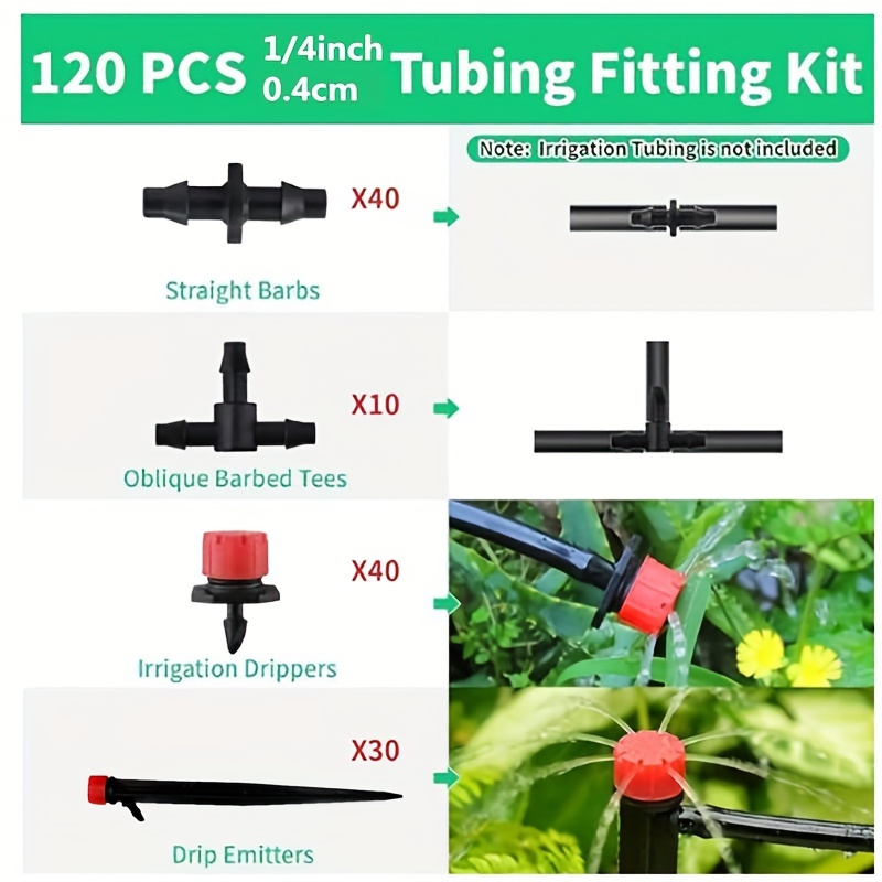 Adjustable Drip Irrigation Emitters, 120pcs Drip Irrigation Parts Kit For 1/4 Inch Tube, 360 Degree Irrigation Sprinklers With Stake & Barbed Tube Coupling & Tees For Drip Irrigation System
