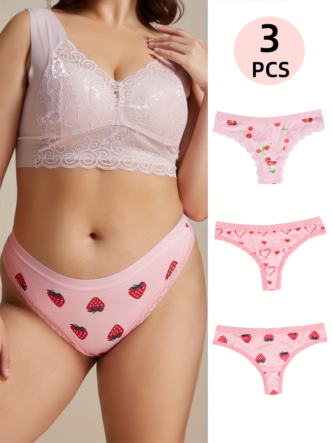 woman cute pantie women's plus cute panties plus size cherry heart strawberry - Temu