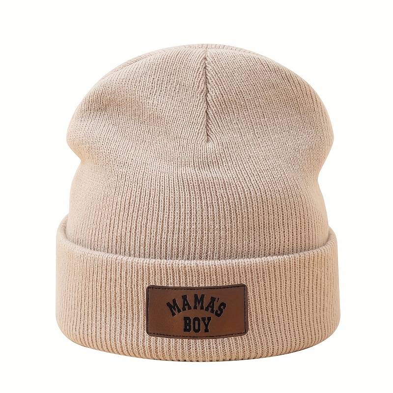 Image of Leather Label Knit Hat Autumn Winter Outdoor Sports Casual Warm Beanie Riding Ear Protection Windproof