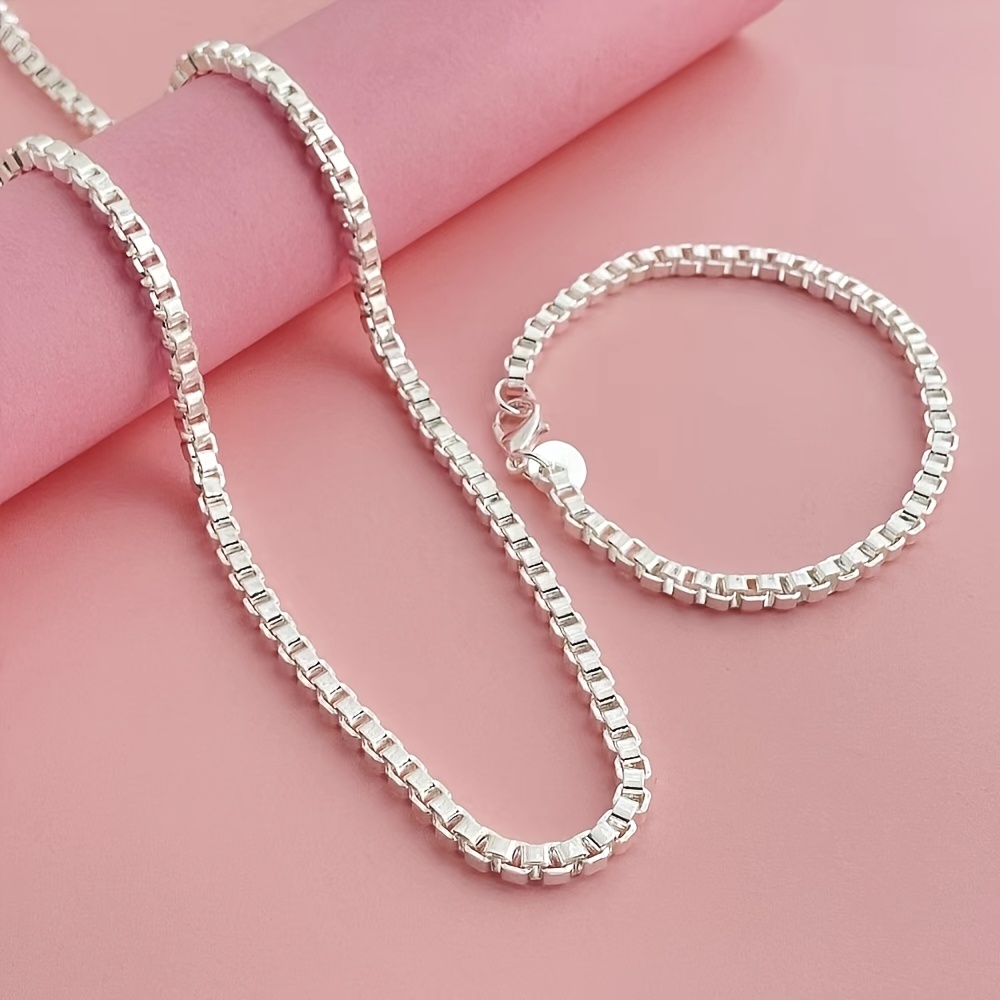 TEMU Parure collier et bracelet Plated en argent avec boîtier carré de 4 mm, chaîne DIYL, collier et bracelet pour femme, cadeau de bijoux collier et