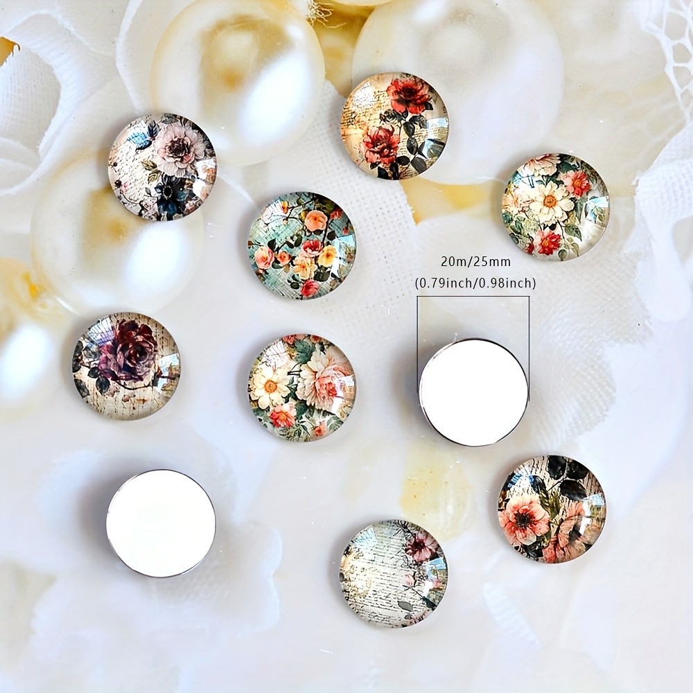 10pcs Round Glass Cabochons with Vintage Floral Designs for Jewelry Making  20mm/25mm Rose Flower Art Images, Flat Back Cabochon Findings for Pendant