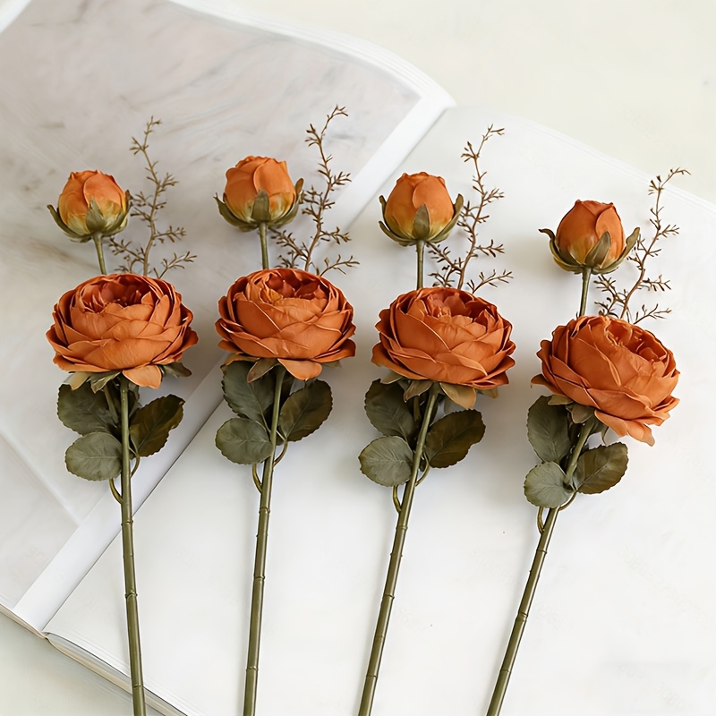 TEMU Lot de 4 pièces, Roses et Églantiers Artificiels à Tige Courte à 2 Têtes avec Bords Ourlés, Rendant les Fleurs Très aux Fleurs Séchées. Convient