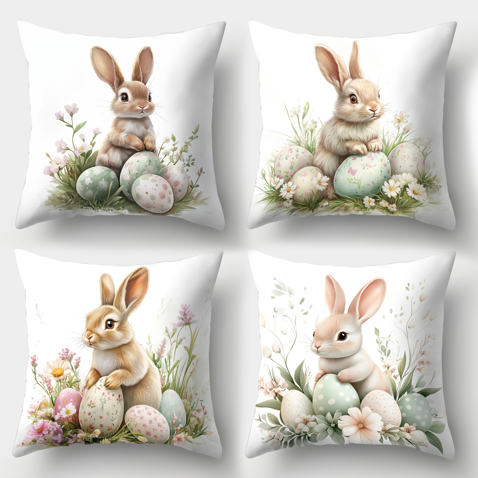 Image of 4-pack Easter Bunny Pillow Covers, Polyester 100% Woven, Hand Wash Only, Zipper Closure, Contemporary Printed Cushion Cases For Decor, Sofa Accent, Room Types - 18x18 Inches (no Insert)