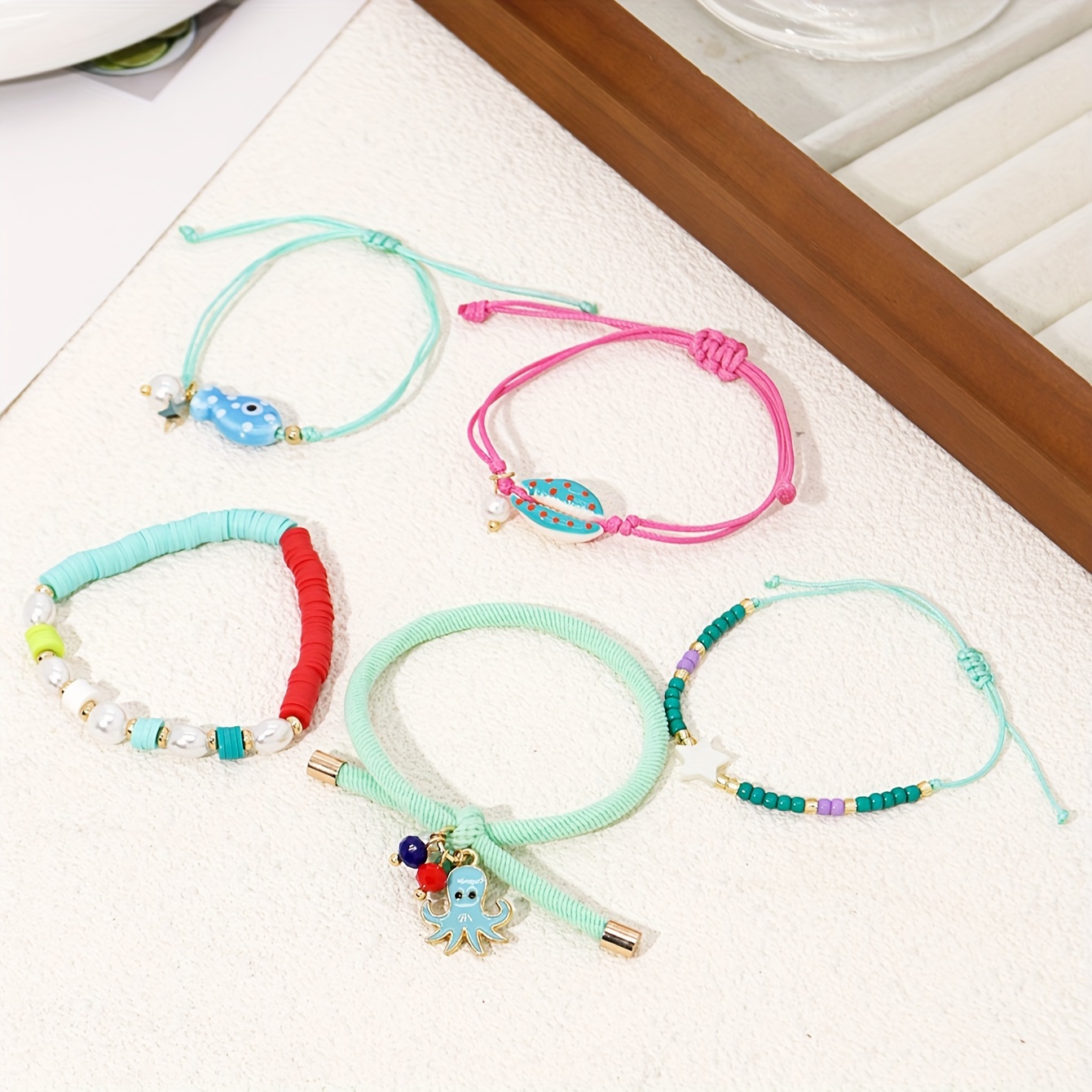 TEMU Boho Beach Charm Bracelet Set For Women - 5-piece Mixed Bohemian Beaded Bracelets With Glass Fish, Shell, Octopus Pendants, Multi Layered Weave Bangles For Vacation Accessories