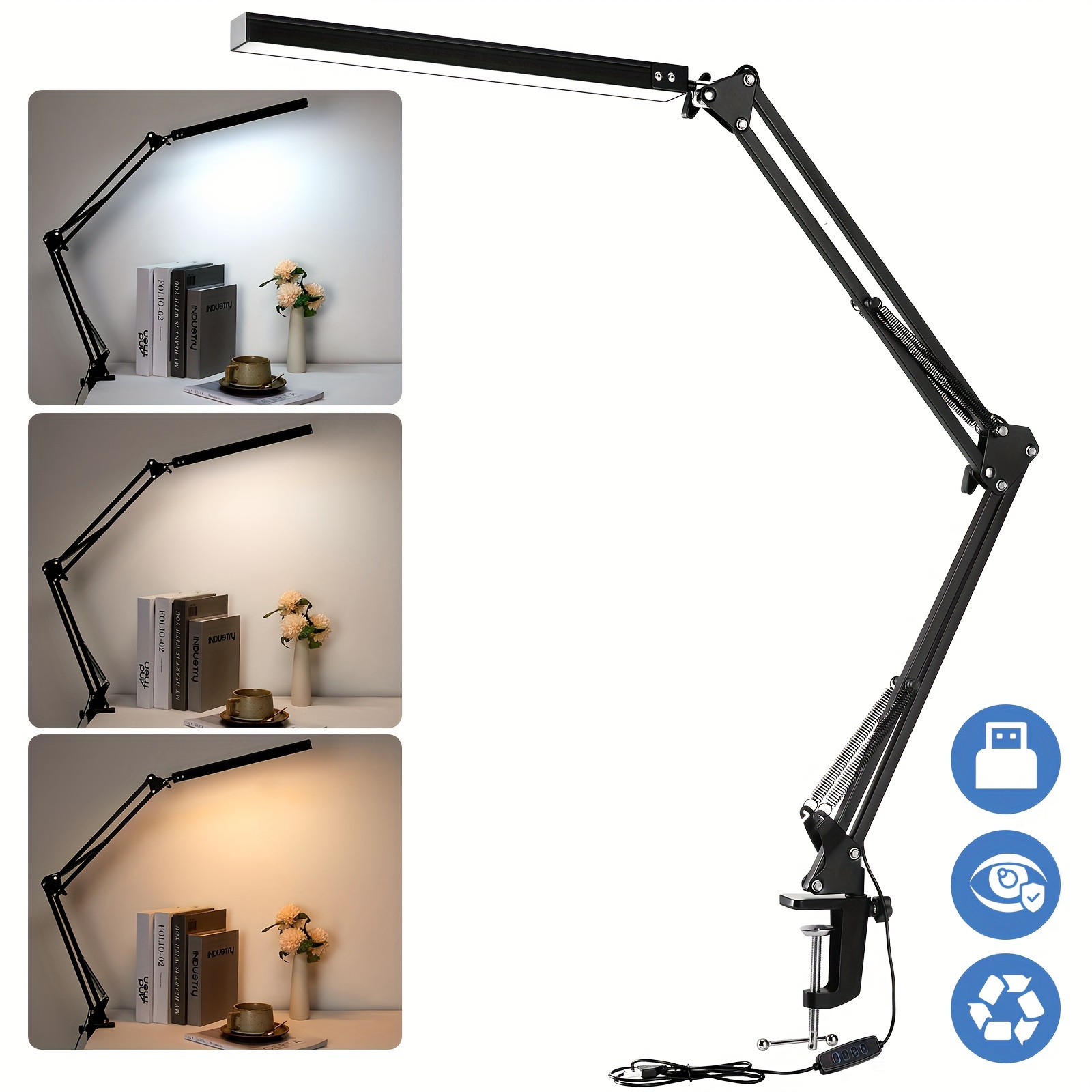 

Eye- Led Desk Lamp With Swing And Folding Arm, 35cm, 3 Color , 10 Adjustable Brightness Levels, Clamp Included, Usb Powered Table Light For Home Office