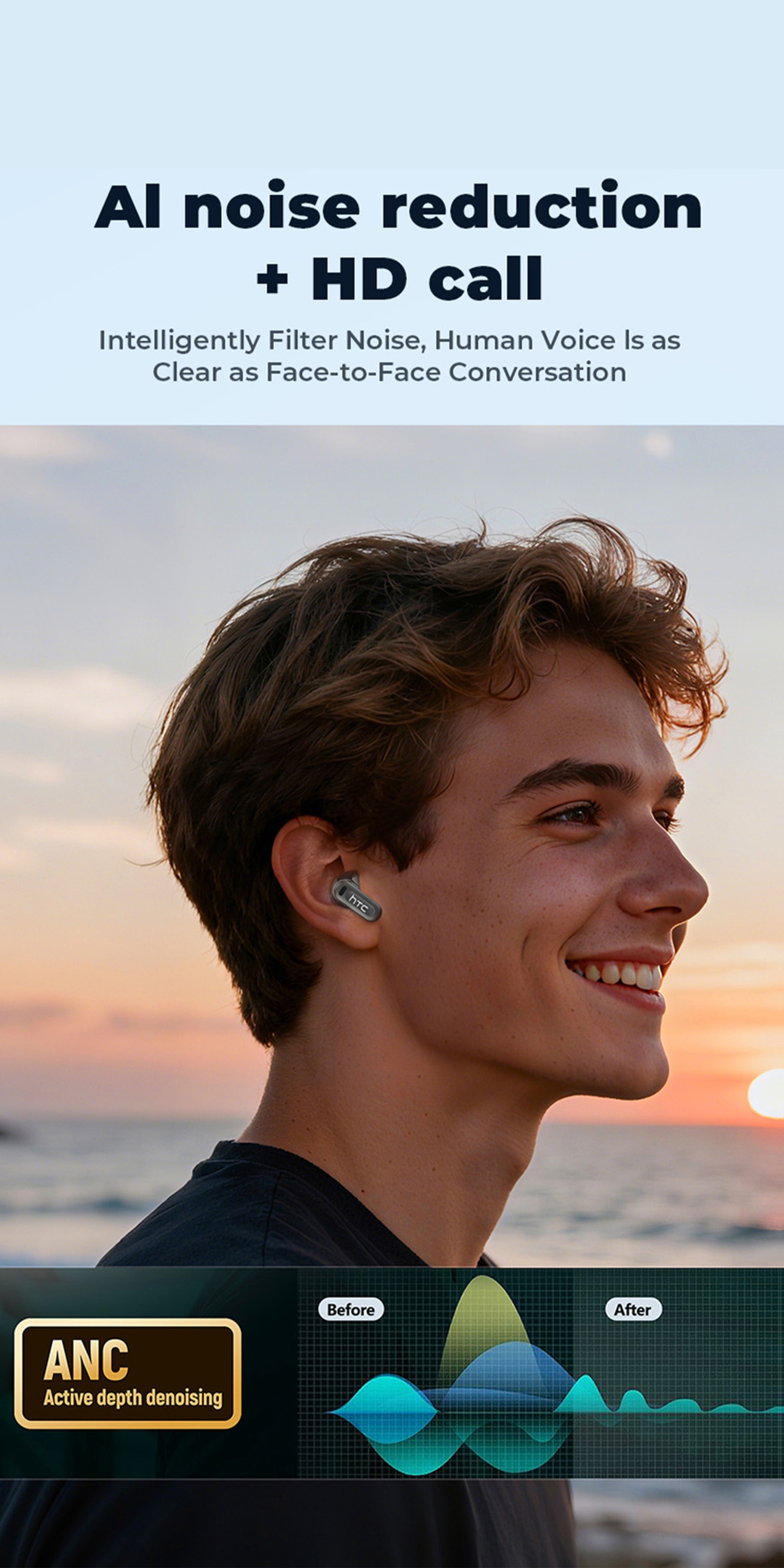 1pc HTC NE20 Wireless Translation Earbuds, Equipped with Translation for Over 136 Languages, Enabling Better Cross-linguistic Communication. Features V6.0 Low-latency Wireless Connectivity, Active Noise Cancellation for Undisturbed Sleep