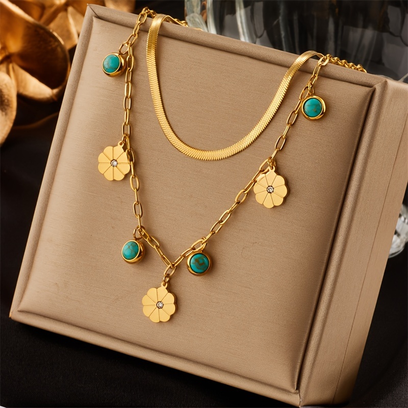 

1pc Double Layers Pendant Necklace Inlaid Faux Turquoise Simple Style Neck Jewelry Decoration Without Box