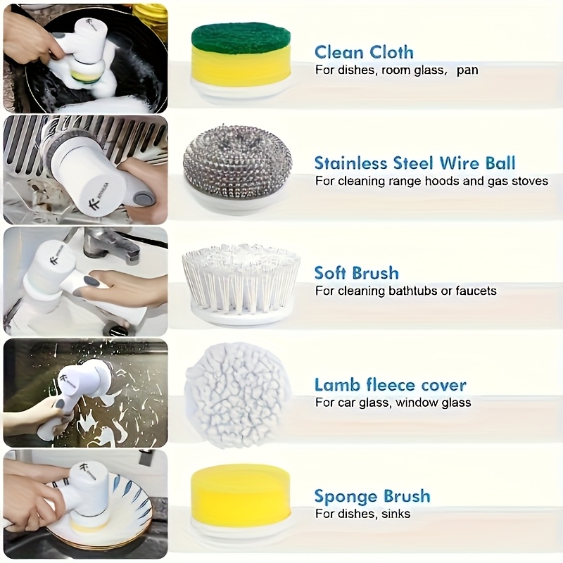 electric rotary scrubber rechargeable multi purpose brush with 5 replaceable brush heads for tiles car glass abs plastic handle portable usb rechargeable 500mah lithium battery kitchen cleaning tools bathroom cleaning supplies Product details 4