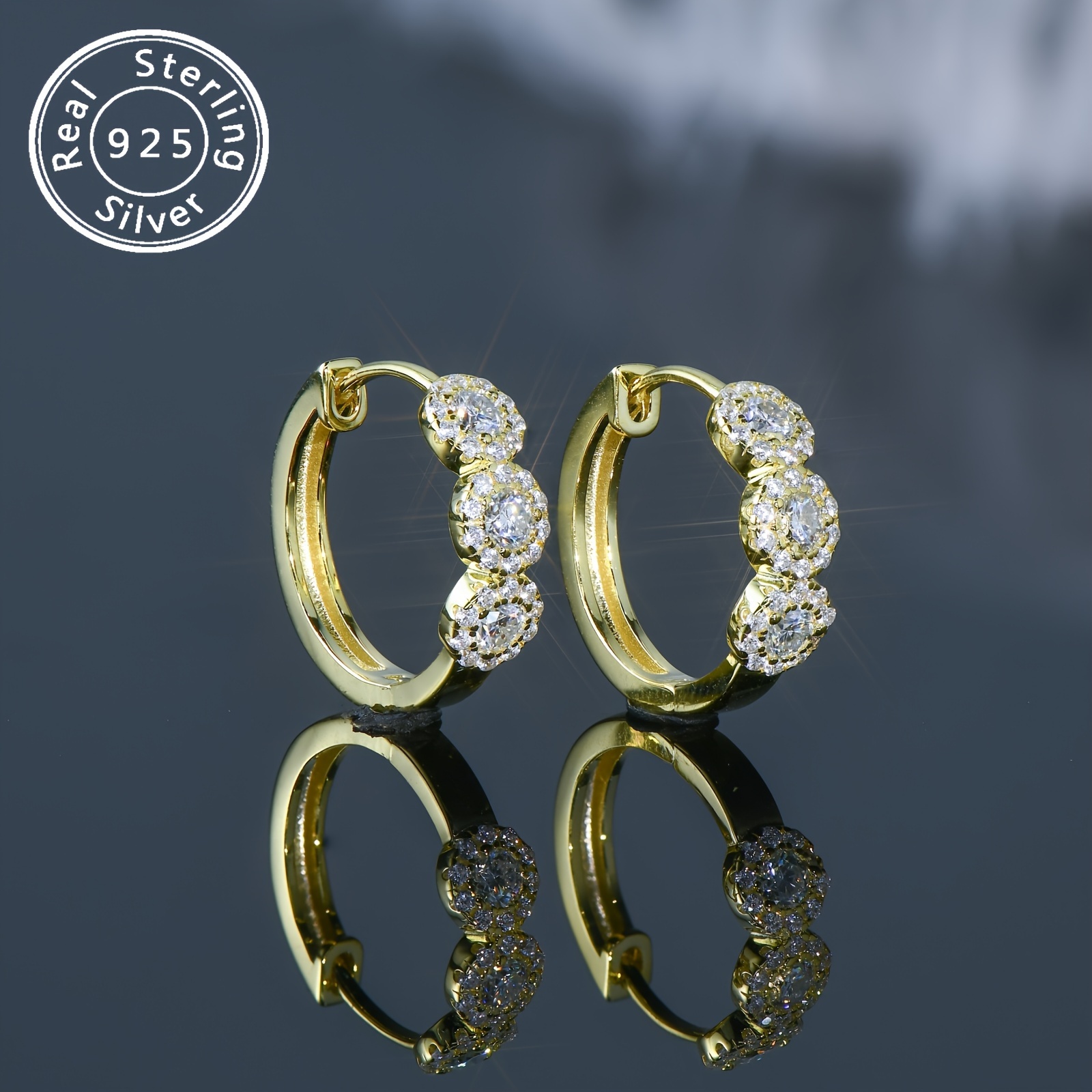 1 pair elegant classic hoop earrings 925 sterling silver with 2 7mm round moissanite stones 14k golden plated synthetic 0 42ct total zirconia accents for women daily wedding occasions christmas holiday jewelry details 7