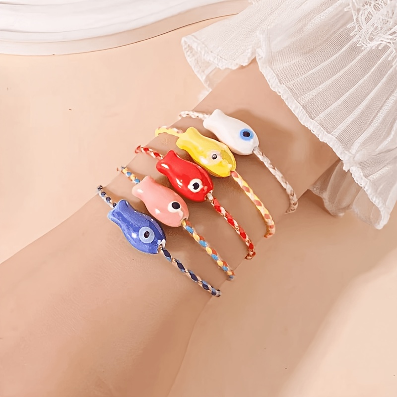 5pcs Cute Ceramic Little Fish Bracelet Set, Bohemian Style