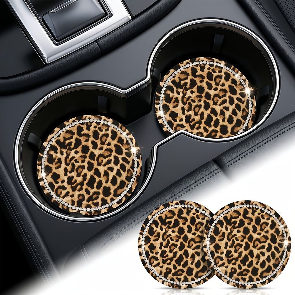 TEMU 2pcs Leopard Print Sparkling Rhinestone Non-slip Coasters, Slip-resistant And Stain-resistant, Car Interior Decorative Mats, Suitable For Most