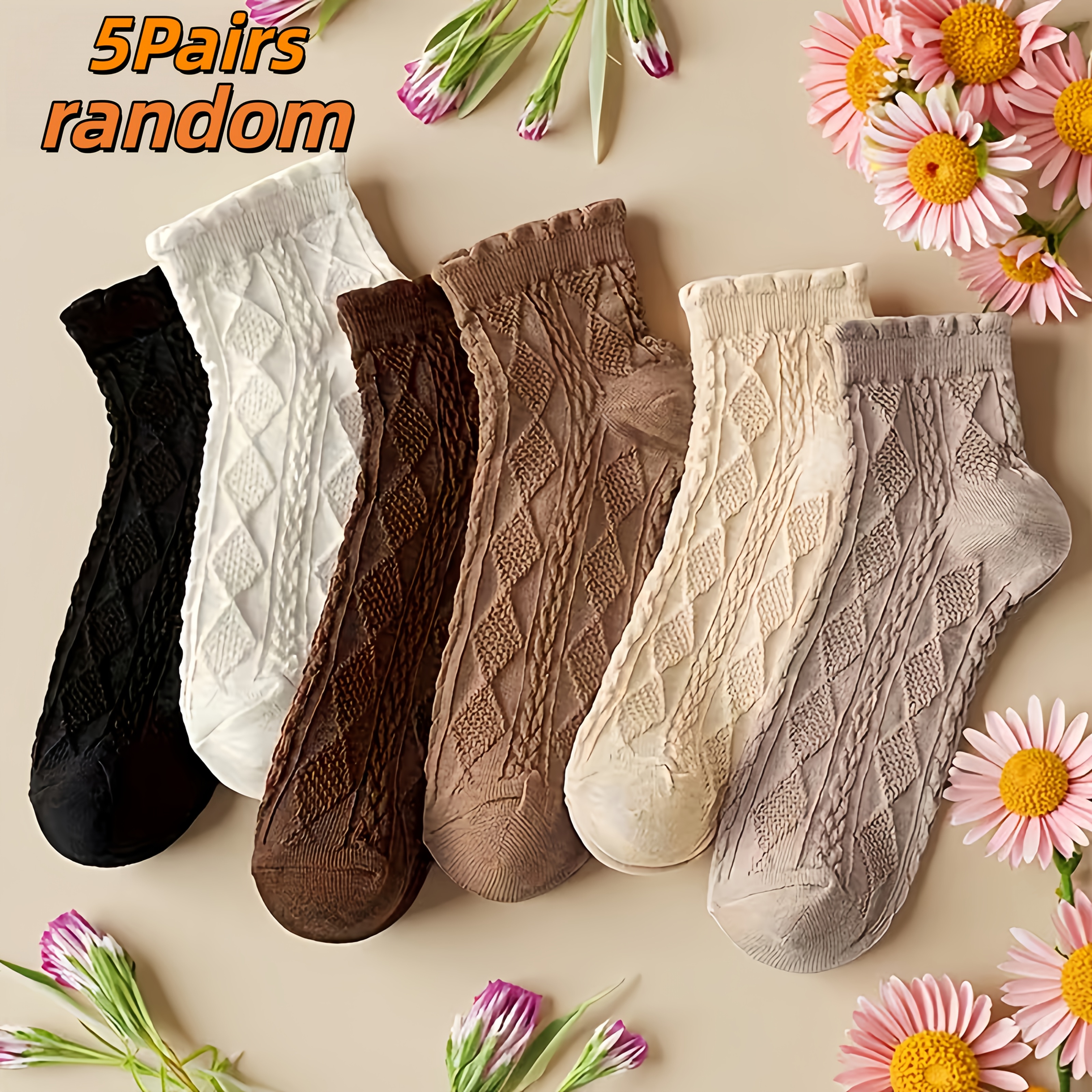 TEMU 5 Pairs Random Retro Checkered Cable Texture Mid-calf Socks, Wood Ear Lace Solid Color Socks Gentle Japanese Girly Casual All-match Multi-pair