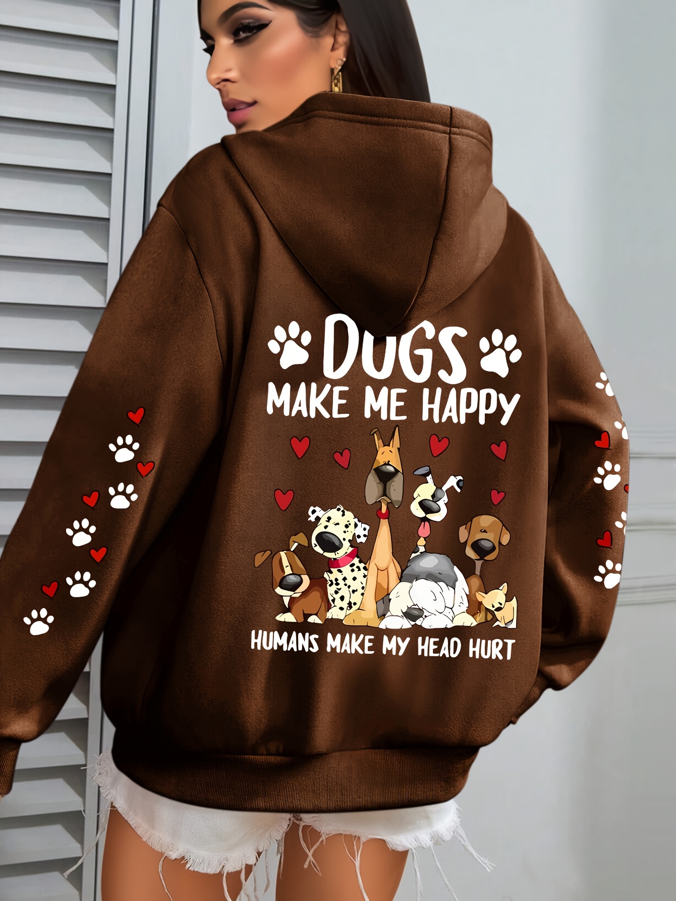 *| Plus Size DOG Print Hoodie Casual Long Sleeve Hooded Sweatshirt with  Pocket, Cozy Polyester Pullover for Women Fall W