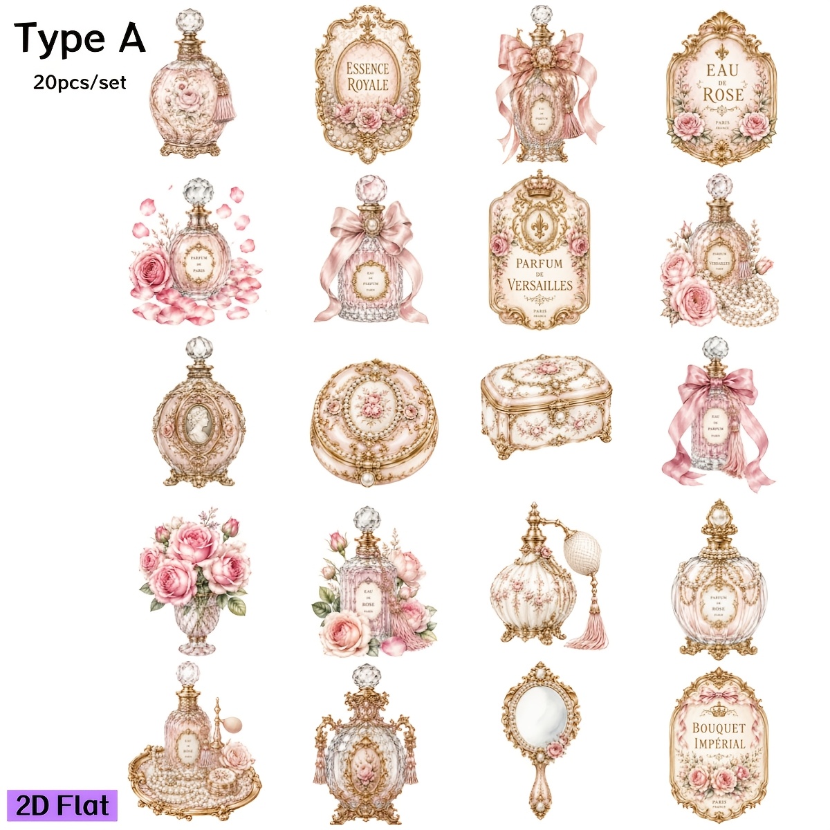 TEMU 2d Flat 20pcs/set Creative Handmade Luxury Watercolor Perfume Bottle High Quality Sticker For Garbage Journal Notebook Decoration Diy Gift