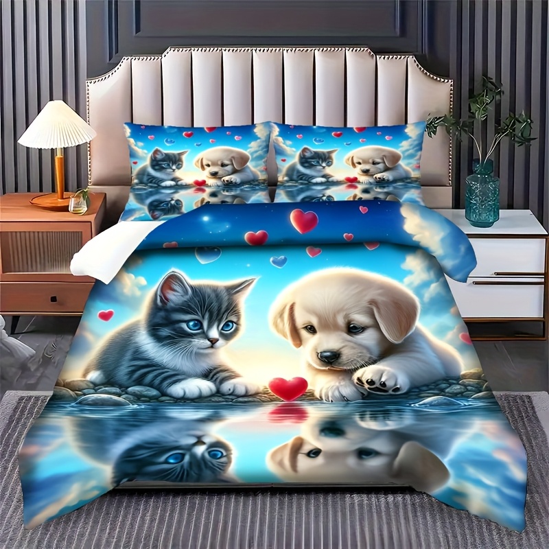 Image of 2/3pcs Set Cozy Cute Cat And Puppy Duo Theme Pattern Bedding Set, Duvet Cover With Zipper Design, Machine Washable 1 Duvet Cover +1/2 Pillowcases