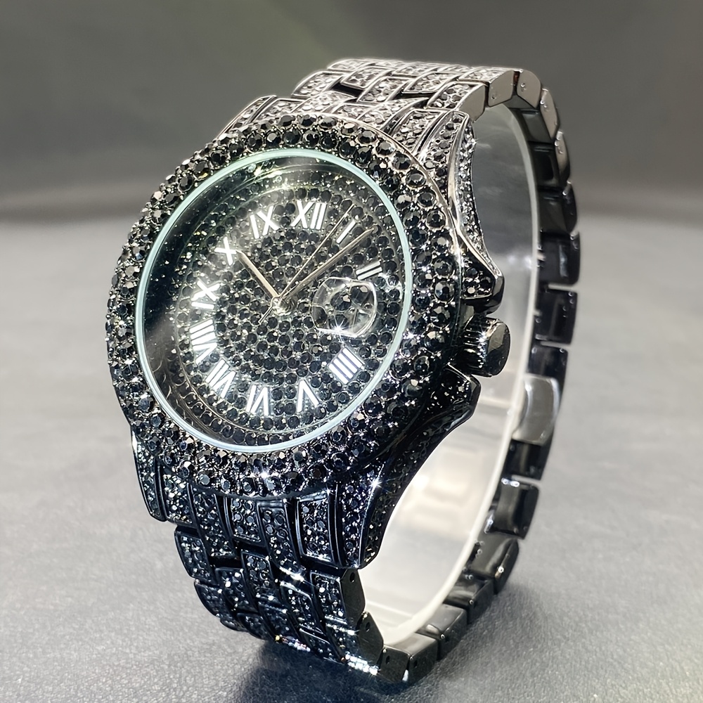 Image of Fashion Men's Date Luxury Golden Hip Hop Full Rhinestone Men's And Women's Quartz Watch