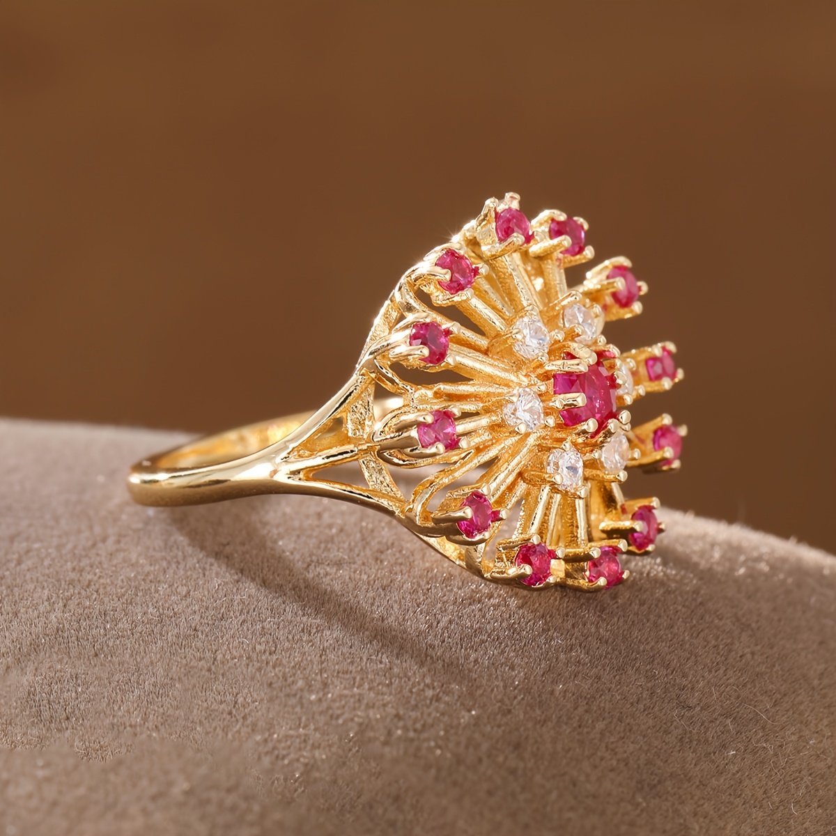 Women's Retro Firework Sun Flower Ring with Zirconia