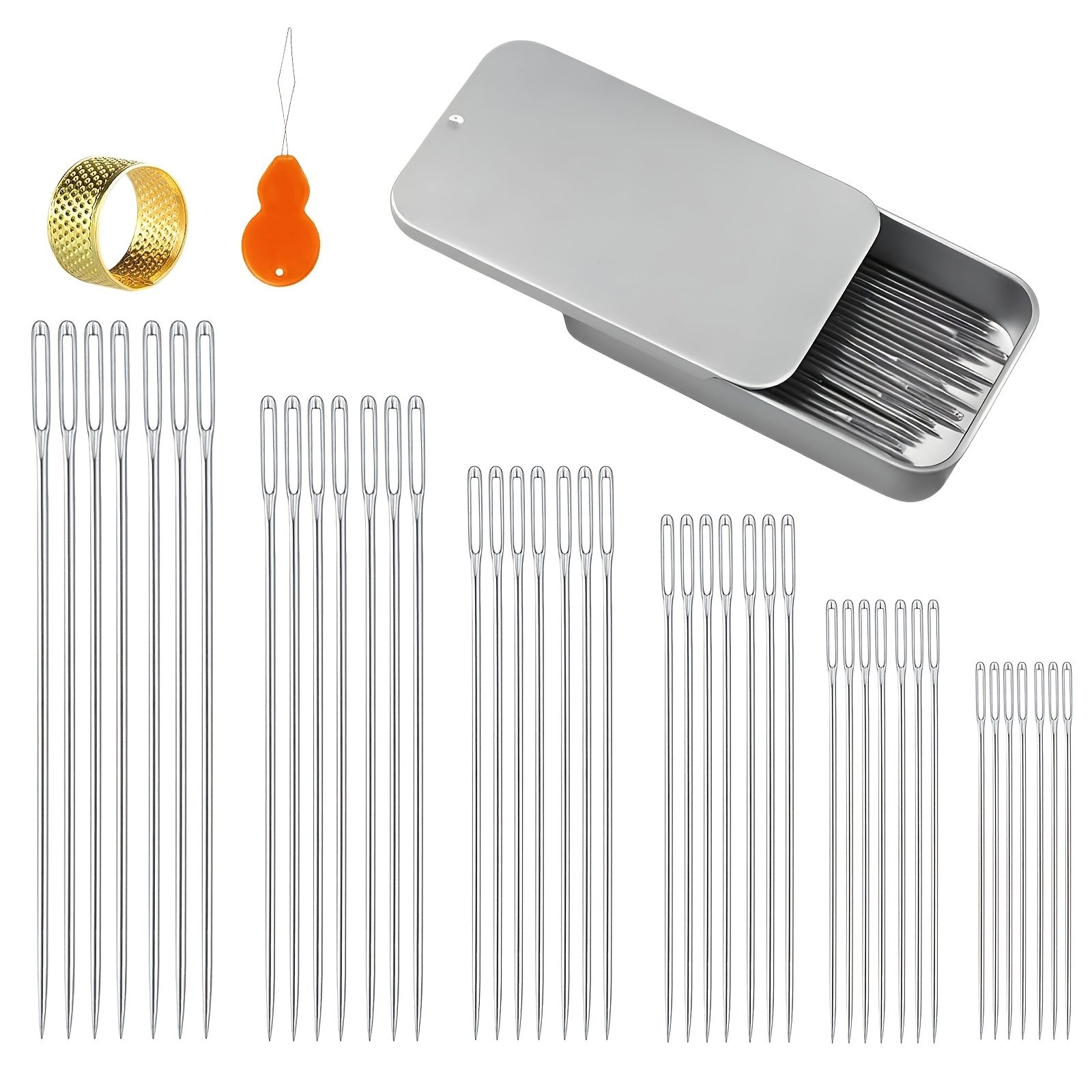TEMU 42 Large-eye Needles For Unequal, 6 Sizes Of Stainless Steel Sewing Sharp Needles, With 1 Random Color Threader And 1 Thimble, Suitable For
