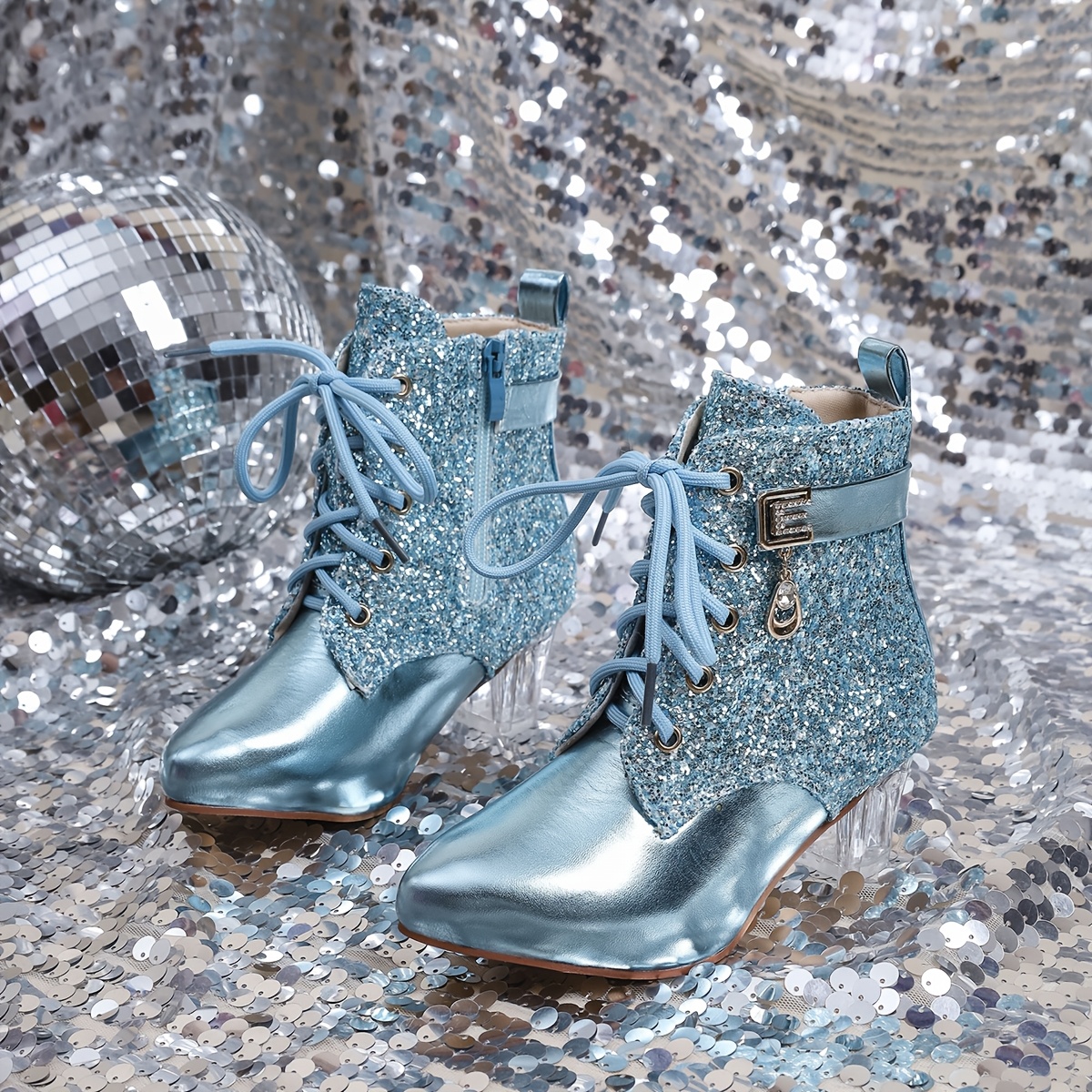 sparkling color stitched lace womens thick heel boots Temu