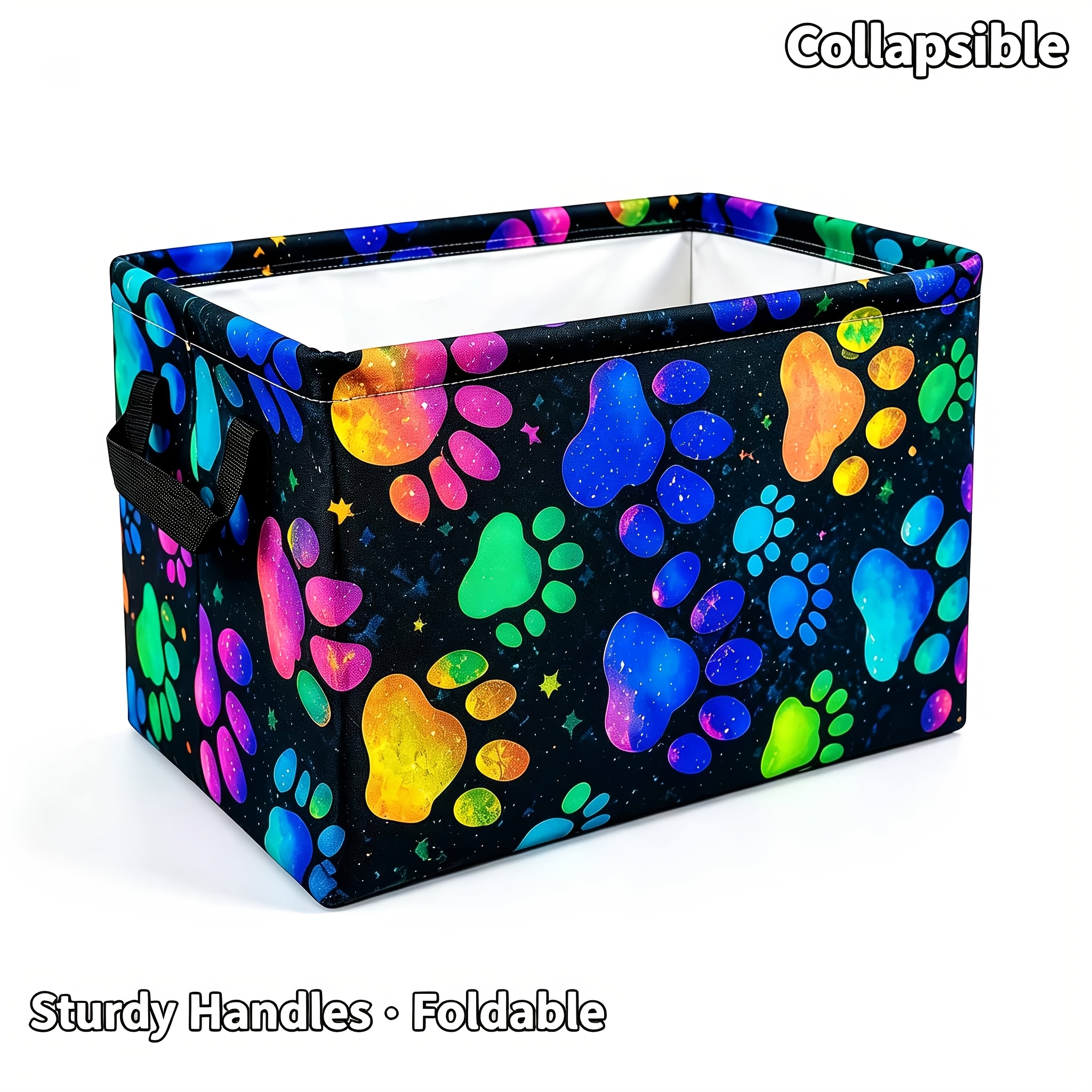 TEMU Foldable Fabric Storage Bin With Reinforced Carry Handles, Rainbow Paw Print Collapsible Storage Basket, Multipurpose Rectangular Organizer