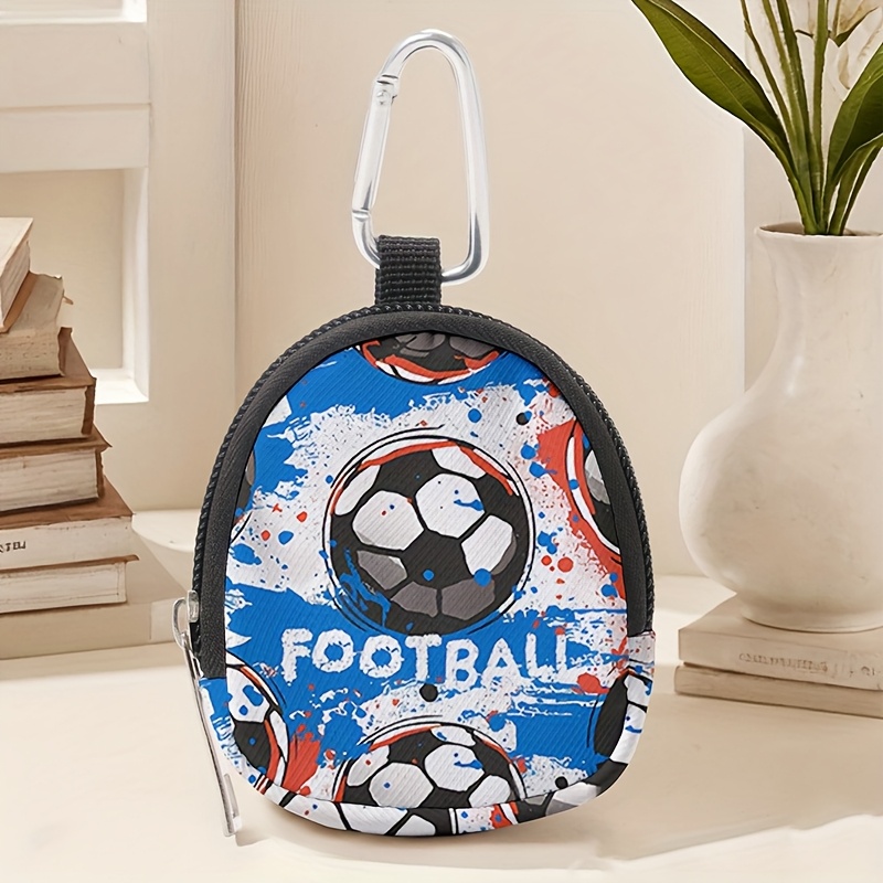 Football Pattern Printed Mini Wallet, Lightweight Zipper Coin Purse, With Hook Clip And Headphone Key Bag, Suitable For Men And Women.