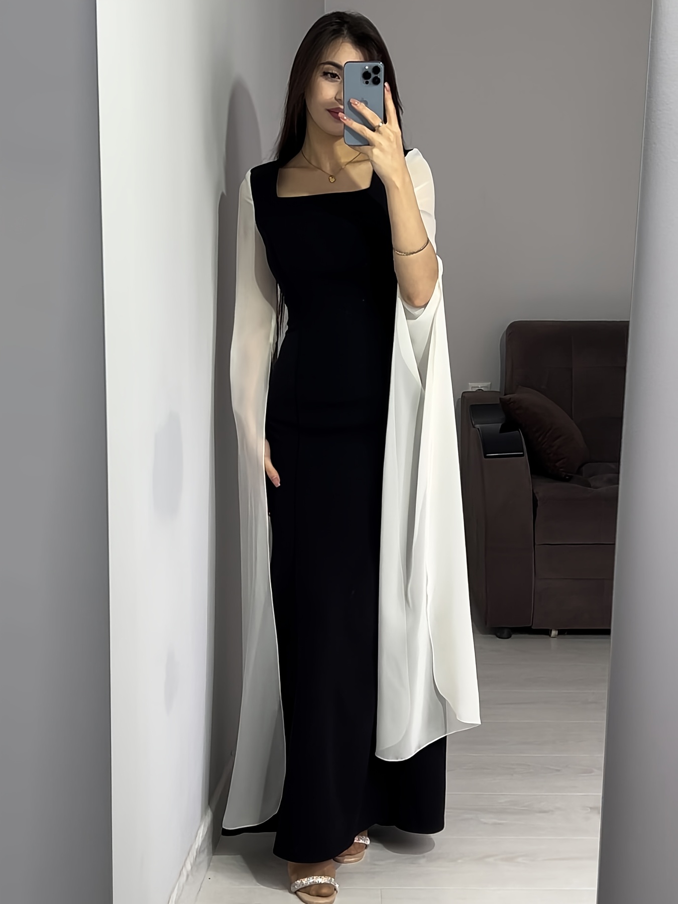 Zwarte Elegante Zwarte Chiffon Jurk Casual Minimal Goth Maxi Jurk