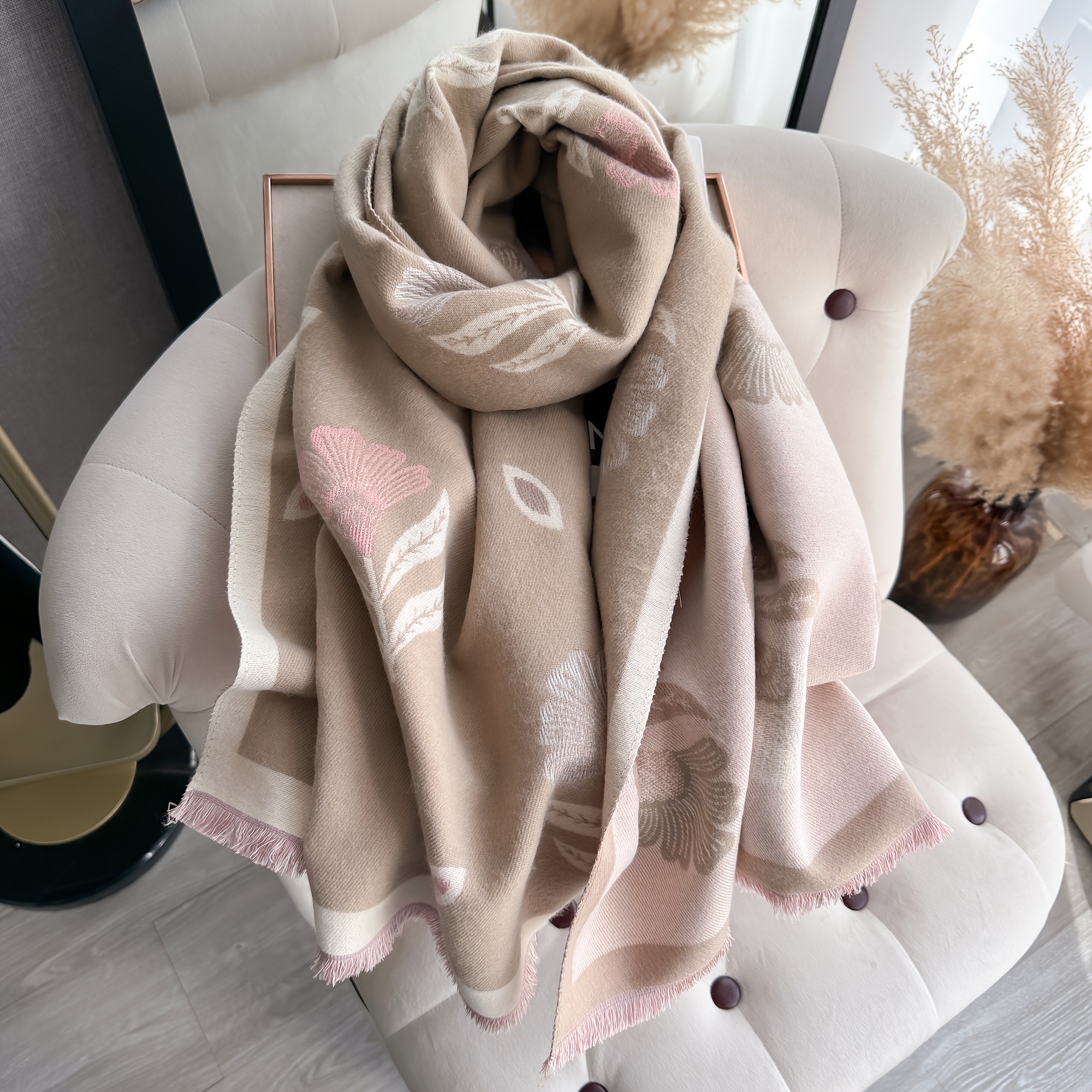 1pc IROJEFF ' Elegant Pashmina Shawl Wrap - Soft Thick Winter Scarf & Shawl with Gray & Orange Leaf Print, Tassels - Warm Cozy Outfits for Outdoors, Parties, Travel - Luxury Jacet Compatible Accessory (Hand/Dry)