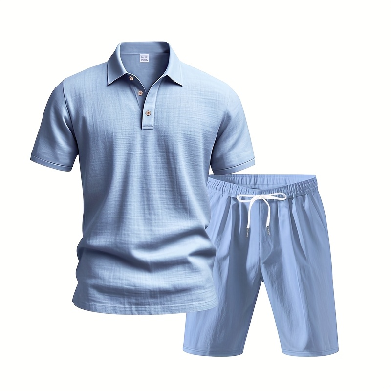 Men's Linen Short Sleeve Shorts Set, Summer Outdoor Sports Casual Breathable Short Sleeve Shirt with Shorts