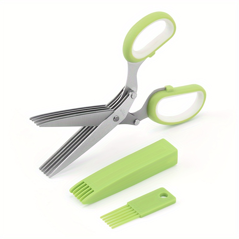 

5-layer Stainless Steel Kitchen Scissors With Ergonomic Green Handles - Onion & Vanilla Chopper For Bbq & Indoor Use, Includes Safety Blade Cover & Cleaning Brush