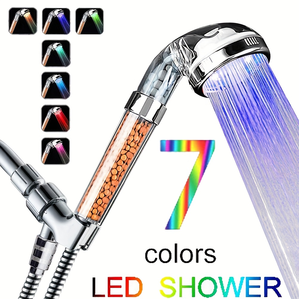 TEMU High-pressure Shower Head With Filter System - 7 Color Changing Lights, Temperature Sensing For & Hair, Wall-mounted, Abs Material