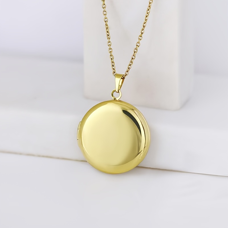 TEMU 1 Boîte à photos ronde et lisse rétro minimaliste ajourée en acier inoxydable, collier à pendentif à rabat, tendance et polyvalente, cadeau de