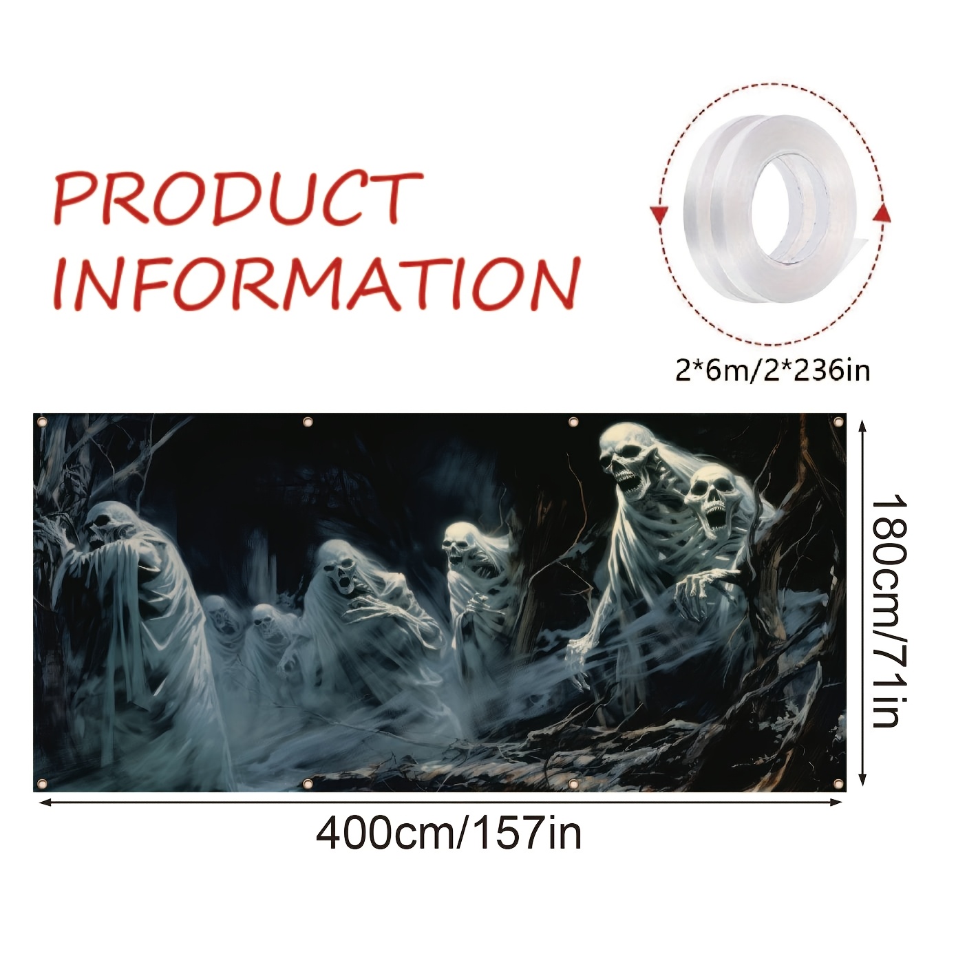 TEMU [haunted Charm] Halloween In Ruins Banner | 157x71" Polyester | Spooky Haunted House Decor | Durable & Versatile For Outdoor Use | No Power