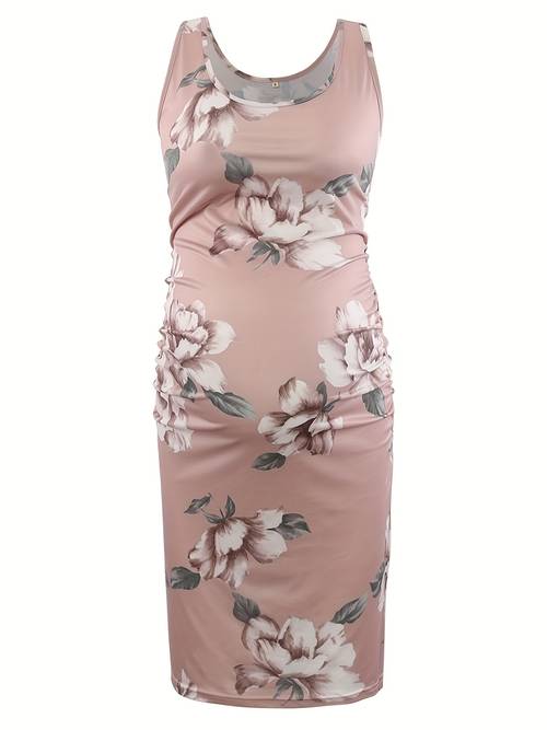 elegant floral maternity sleeveless dress soft stretchy rayon spandex blend fit with pleated side detail showers casual attire versatile style for maternity clothes