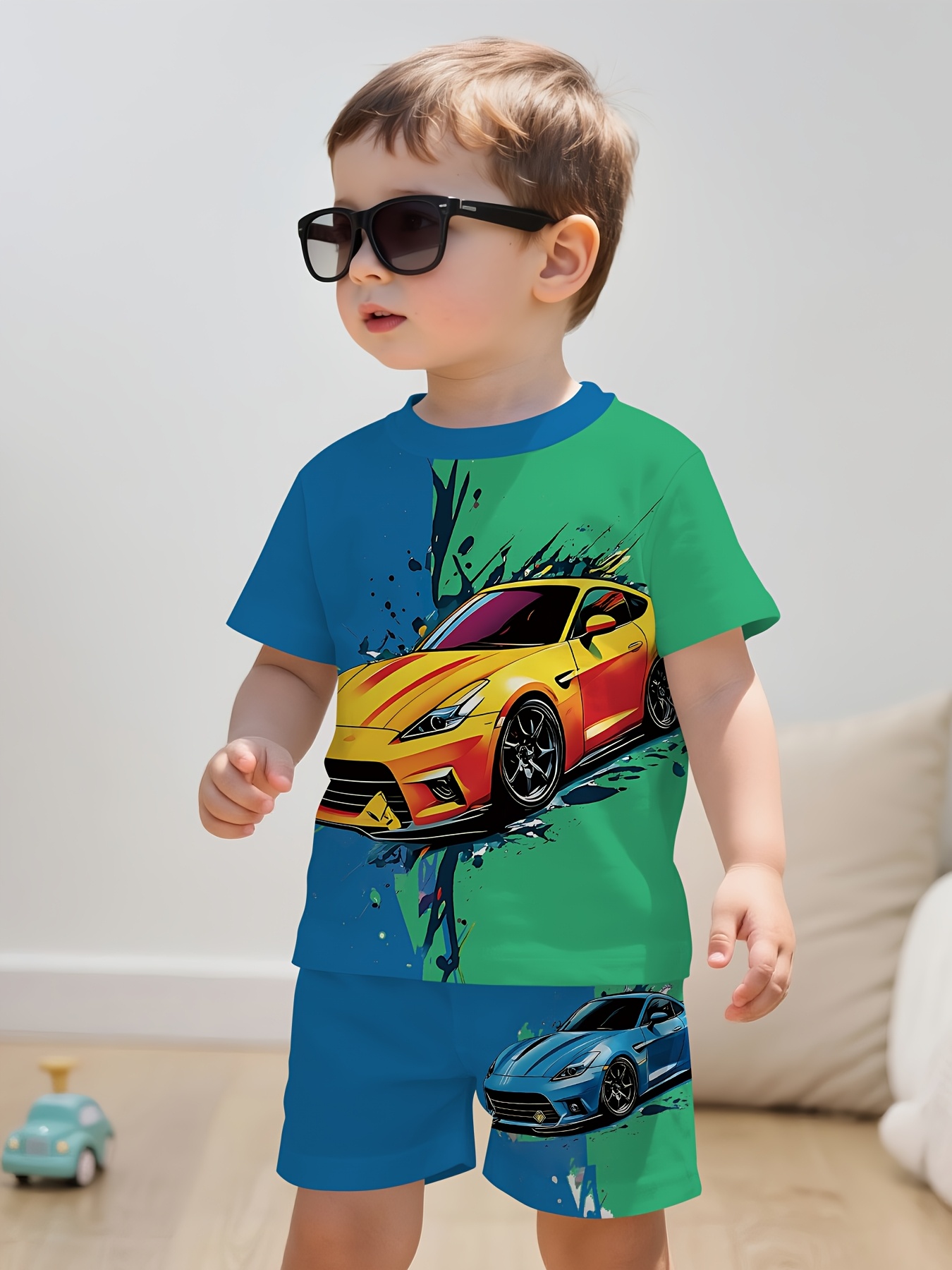 2pcs summer new boys and infants casual stylish trendy and cool racing car printed round neck t shirt and shorts set for outdoor