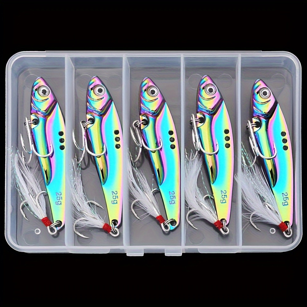 

5pcs/box Vibrant Vibration Sequin Long Casting Vib Fishing Lure - Premium Artificial Bass Sinking Spinner Spoon Swimbait - Ideal For Freshwater And Saltwater Fishing