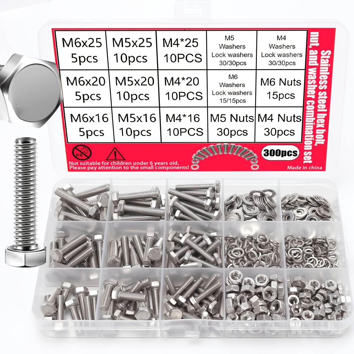 TEMU Kit de 300 boulons à tête hexagonale en acier inoxydable, boulons hexagonaux avec écrous, rondelles et rondelles à ressort - DIN933 , 10.9,
