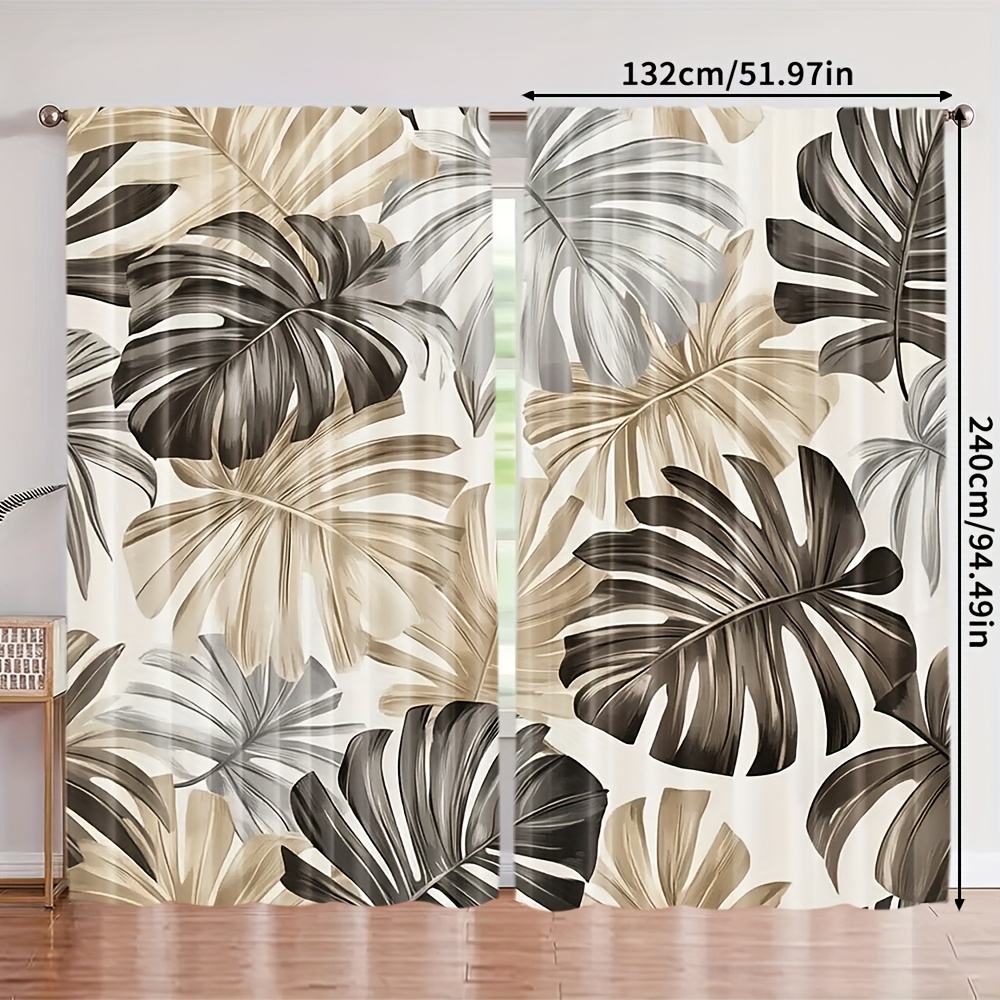 TEMU 2pcs, White And Brown Large Leaf Pattern Bohemian Curtains, 100% Polyester, Suitable For Living Room, Bedroom, Kitchen, Bathroom, Entertainment
